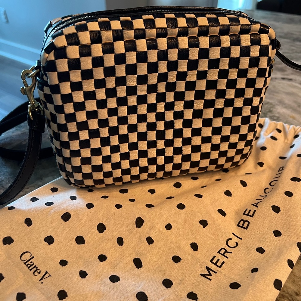 Clare V Black and Cream midi sac woven Checker Crossbody Bag